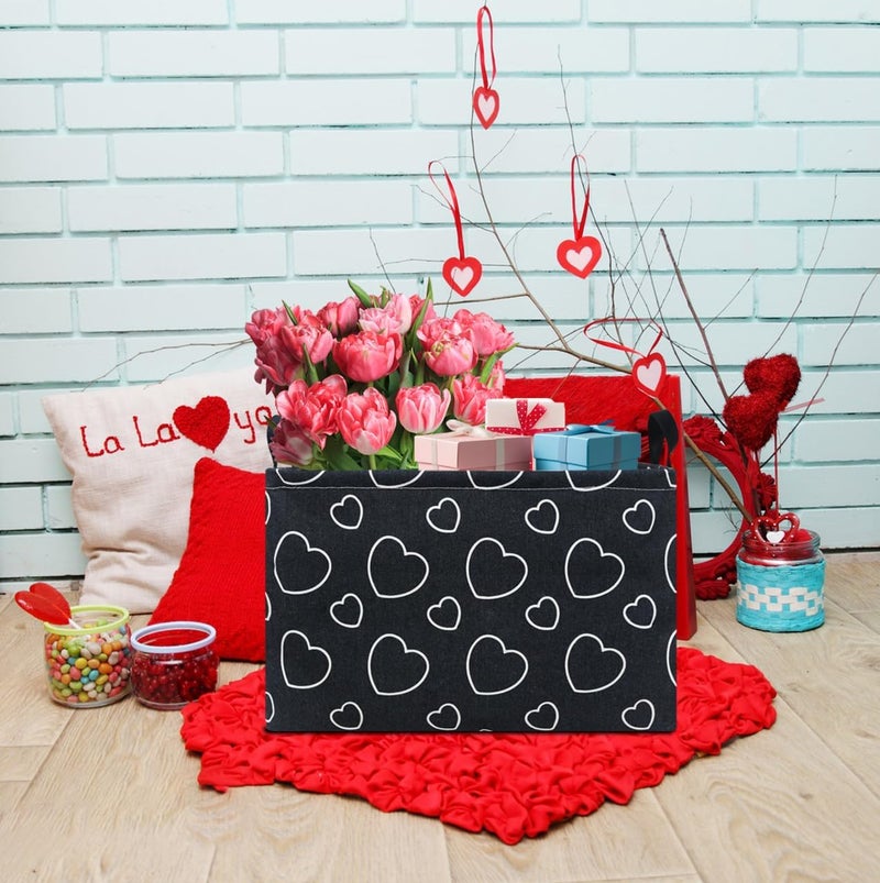NTAOHAMPER Rectangular Black Storage Basket Empty,Collapsible Gift Basket with Handles,Heart Print Basket for Kids Toys/Books Box,Room Decor(Black Love) - Image 2